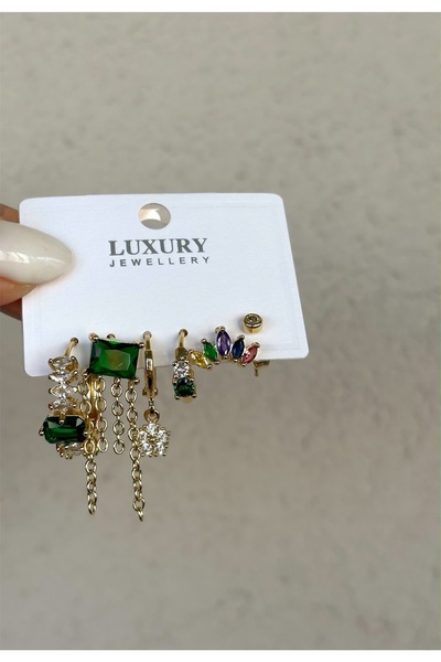 the matdesign Steel Earring Set of 6 - Women's Gold Color Zircon Stone Emerald Green Baguette Multiple Earring Set
