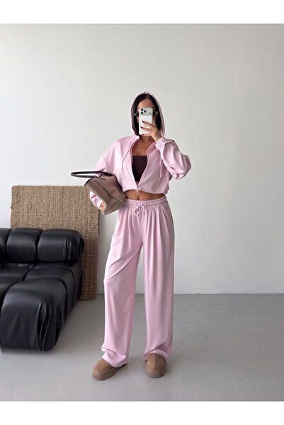 ELBEY Hooded Zippered Sweatshirt and Wide-Legged Pants Two-Piece Set