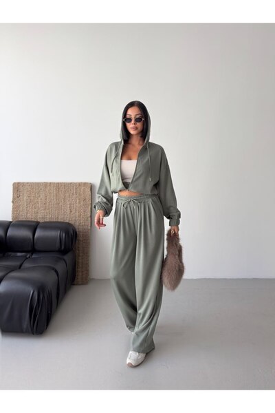 ELBEY Kapşonlu Fermuarlı Sweatshirt Bol Paça Pantolon İkili Takım