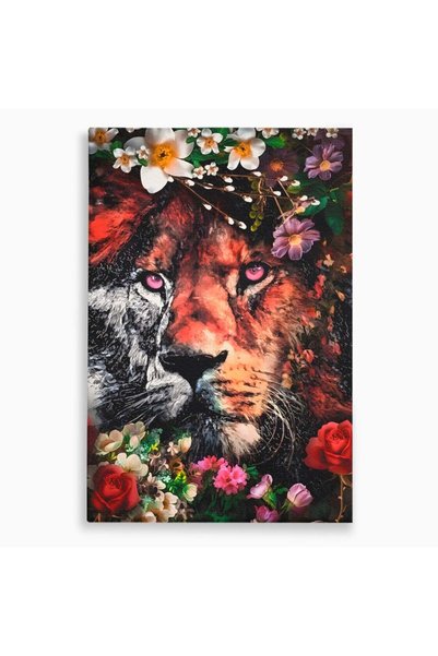 Luxcanva Tablou Canvas Lion With Flowers 50x70 cm pe Sasiu Lemn Leu Regele Ju...