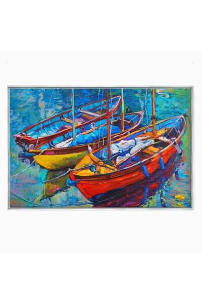Luxcanva Tablou Canvas 3 Barci 100x70 cm cu Rama Argintiu Decorativ Living Mare