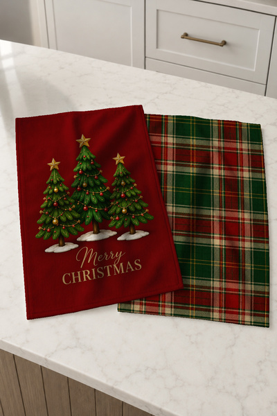 Evmila Tartan Tree Trio Triple Christmas Tree Red Green Plaid Patterned 2-Piece Kitchen Towel Set 35X55