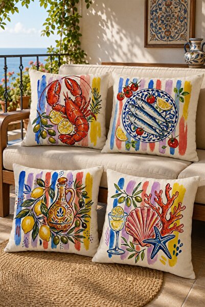 EVPANYA Fish and Lobster, Olive Oil Patterned 4-Piece Throw Pillow Cover Set