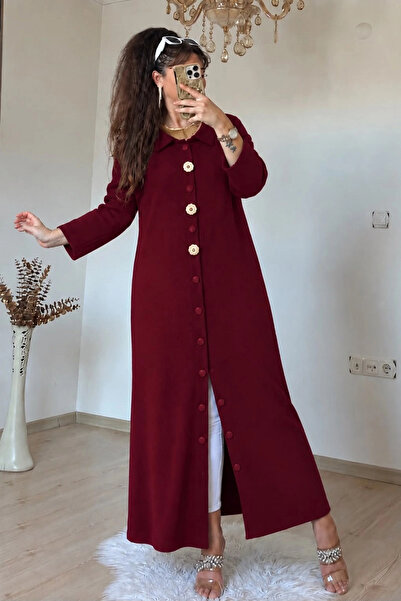 AZRA BUTİK كارديجان تريكو بأزرار ذهبية باللون الأحمر الداكن