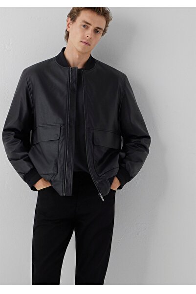 Mavi suni deri Bomber regular fit erkek ceket.
