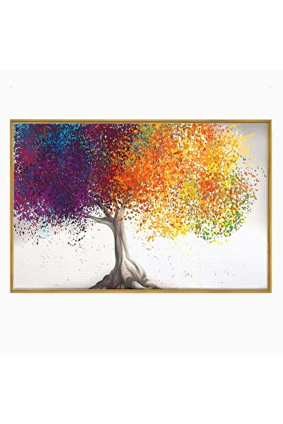 Luxcanva Tablou Canvas Copac Colorat 70x50 cm cu Rama Auriu Decorativ Dressin...