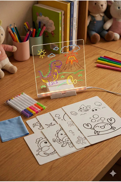 İndecor Houseware LED IŞIKLI Çizim ve Boyama Tahtası Standlı Ledli Yazı Tahtası ve 7 adet kalem + Silme Bezi hediyeli 20x30cm Gece Lambası - Büyük boy