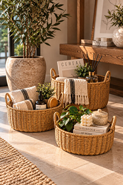Chefstar HASIR GÖRÜNÜMLÜ RATTAN 3’LÜ OVAL SEPET SETİ KULPLU DEKORATİF DÜZENLE...