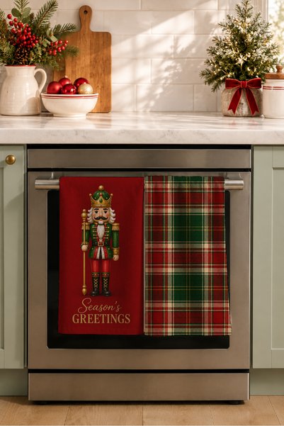 Evmila Tartan Nutcracker Red Plaid Christmas Patterned 2-Piece Kitchen Towel Set 35X55