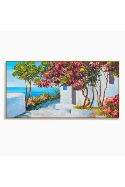 Luxcanva Tablou Canvas Copacul Cu Flori 140x70 cm cu Rama Auriu Decorativ Liv...