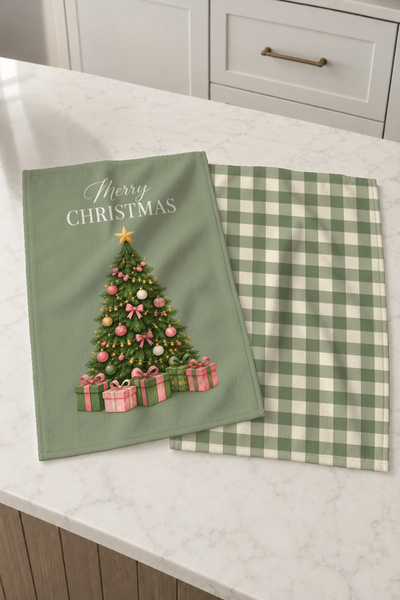 Evmila Sage Pine Wishes Pom de Crăciun, verde, în carouri, cu model crem, modern și elegant, set de 2 prosoape de bucătărie 35x55