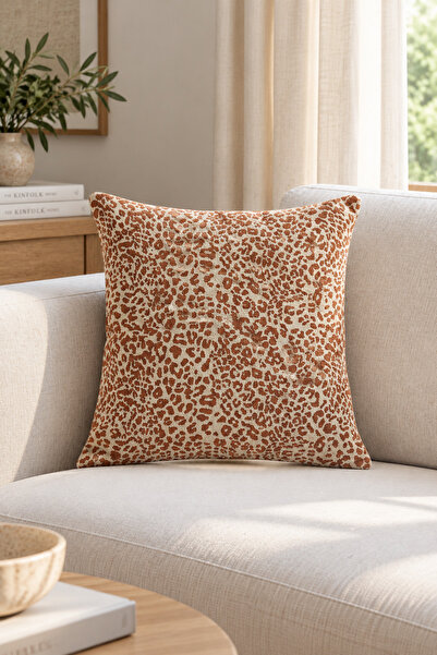Leopard Şönil Dokuma Kırlent Kılıfı - Kiremit - 45x45 cm