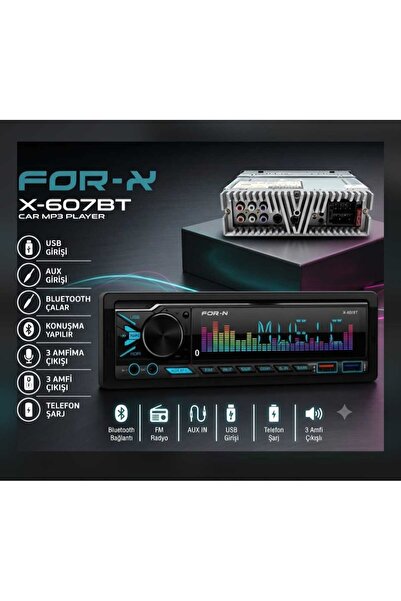 For-X FORX X-607 BT USB AUX AMFİ ÇIKIŞLI 4X60 WAT DİJİTAL PANEL OTO TEYP