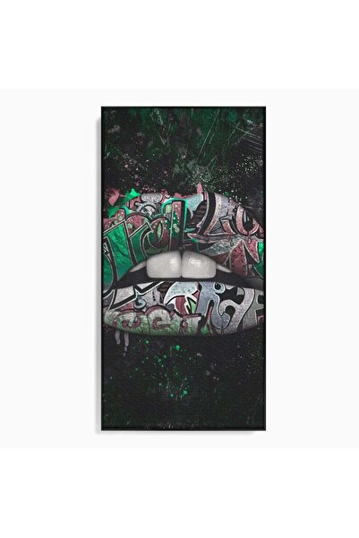 Luxcanva Tablou Canvas Green Lips 50x100 cm cu Rama Negru Decorativ Verde Buze
