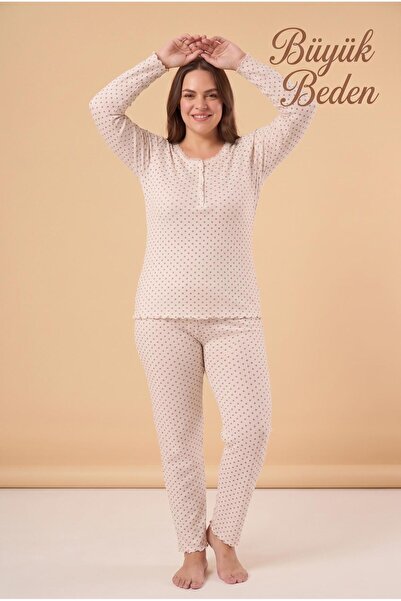 cotonhause Kadın Uzun Kol Raporlu İnterlok Büyük Beden Beyaz Pijama Takımı C9T4N28