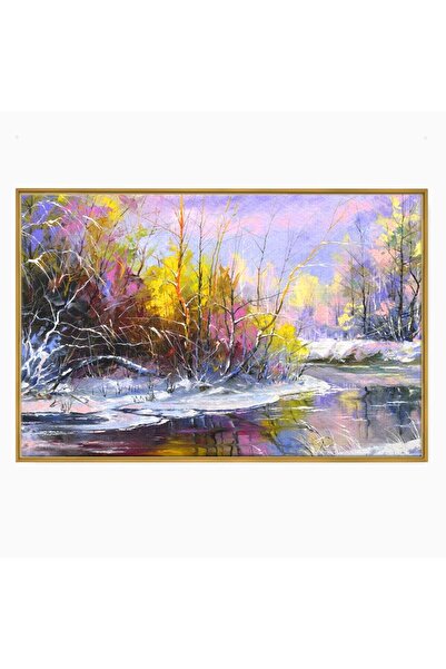 Luxcanva Tablou Canvas Purple Winter 100x70 cm cu Rama Auriu Iarna Zapada Copaci