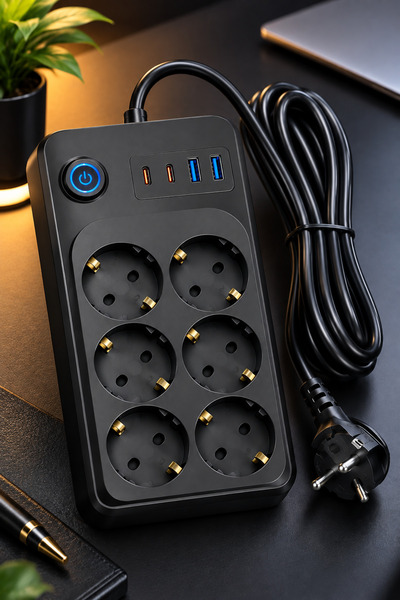MEGAMUS 3421 6’lı Akım Korumalı Çoklu Priz – 2 Type-C + 2 USB | 4000W 16A | 4...