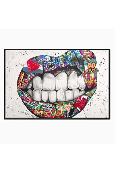 Luxcanva Tablou Canvas Lips Graffiti 100x70 cm cu Rama Negru Street Art Buze ...