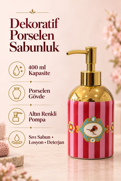 KLARHAUS Mihrimah Love Birds Premium Porcelain Liquid Soap Dispenser – 400 Ml, Black-White Decorative Soap Dispenser with Gold Color Pump, Bird Motif