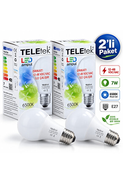 12-48 VDC/VAC 7W LED Ampul E27 6500K Beyaz Işık 2'li Paket – Karavan, Tekne, Akü ve Güneş Enerjisi Sistemleri İçin