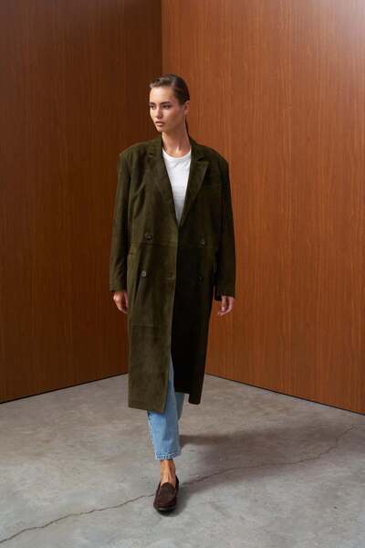 Beauty Omelette Haki Sırtı Açık Vatkalı Oversize Süet Trenchcoat