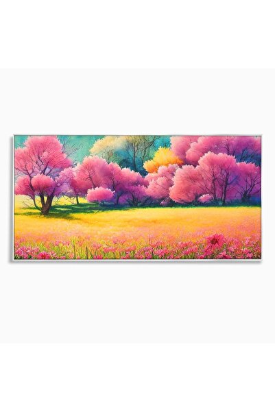 Luxcanva Tablou Canvas Copaci Roz 120x60 cm cu Rama Argintiu Living Flori Campie