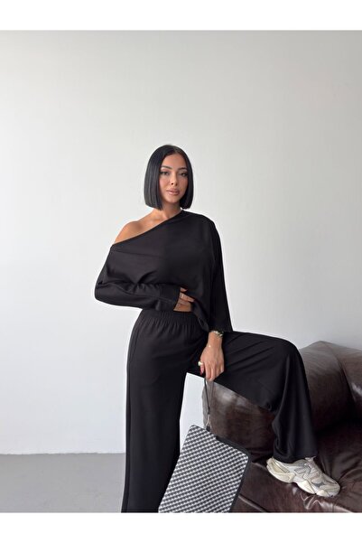 ELBEY Women's One-Shoulder Casual Blouse and Wide-Leg Pants Two-Piece Set