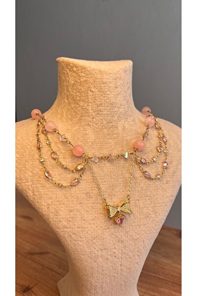 Miras Collection - Pembe Rüya Kalp ve Kurdele Taşlı 316L Çelik Kolye