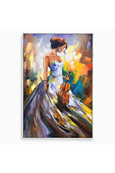 Luxcanva Tablou Canvas Fata Cu Vioara 70x100 cm cu Rama Argintiu Living Femei...