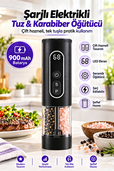 PASACO Şarjlı Elektrikli Tuz Karabiber Öğütücü Çift Hazneli LED Işıklı Serami...