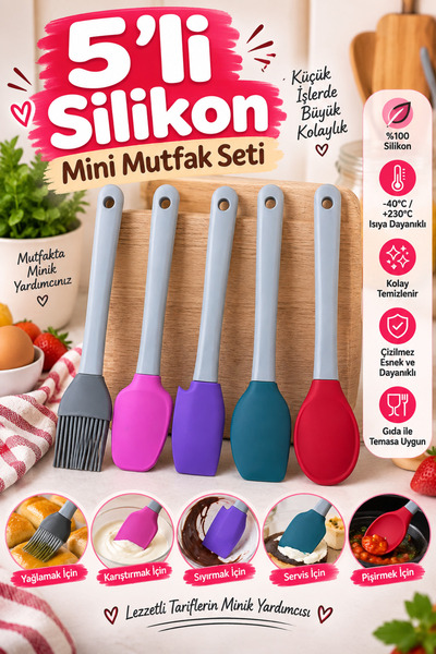 PLASTMARKET 5'li Renkli Silikon Spatula Seti Mini Şef Seti