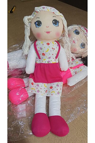 Bengi Store Sevimli Peluş Bez Bebek 50 cm - Örgü Saçlı Meyve Desenli Elbiseli...