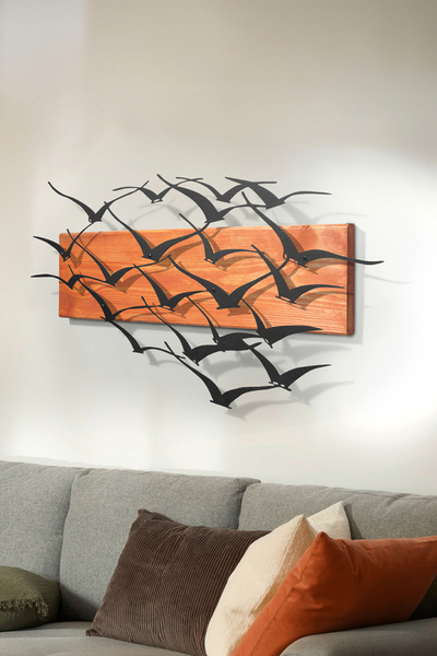 DEKORENZO Dekoratif Duvar Süsü Kuş Silüetli 68x31 cm Kiremit Ahşap