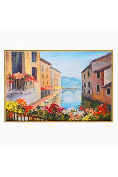 Luxcanva Tablou Canvas Flori La Fereastra 120x80 cm cu Rama Auriu Peisaj Flor...