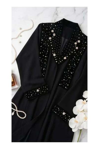 Generic Women's Black Open Abaya with Elegant Lace Trim and Detailed Cuffs WB...