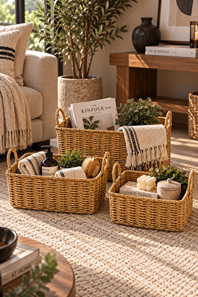 Chefstar HASIR GÖRÜNÜMLÜ RATTAN 3’LÜ DİKDÖRTGEN SEPET SETİ KULPLU DEKORATİF D...