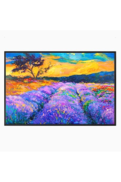 Luxcanva Tablou Canvas Lavanda 120x80 cm cu Rama Negru Peisaj Apus Mov