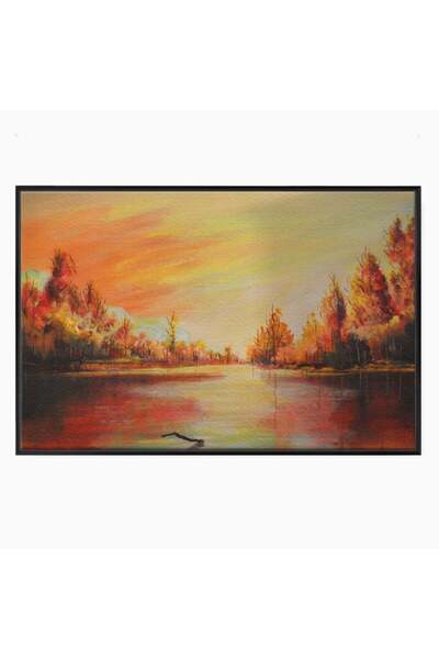 Luxcanva Tablou Canvas Apus De Toamna 60x40 cm cu Rama Negru Peisaj Padure Lac