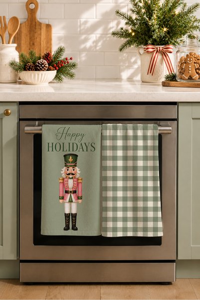 Evmila Nutcracker Sage Plaid Nutcracker and Green Plaid Cream Christmas Patterned 2-Piece Kitchen Towel Set 35X55