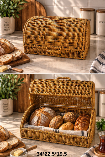 Chefstar HASIR GÖRÜNÜMLÜ RATTAN KAPAKLI EKMEKLİK 34 X 22,5 X 19,5 CM MUTFAK T...