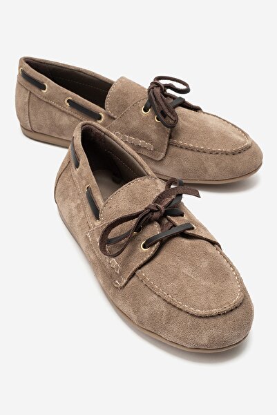 LuviShoes OSNEY Koyu Bej Süet Hakiki Deri Bağcıklı Kadın Loafer Ayakkabı