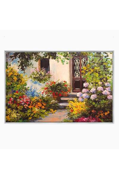 Luxcanva Tablou Canvas Aleea Cu Flori 100x70 cm cu Rama Argintiu Peisaj Gradi...