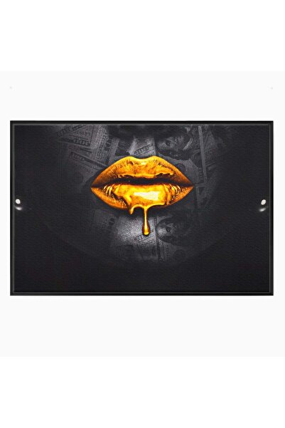 Luxcanva Tablou Canvas Gold Lips 100x70 cm cu Rama Negru Decorativ Dressing Buze