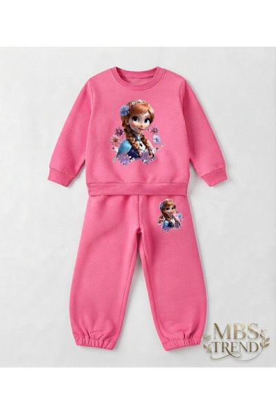 Kids Winter Girl's Pink Floral Princess Printed Two Yarns Tracksuit Set