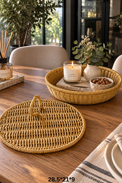 Chefstar HASIR GÖRÜNÜMLÜ RATTAN KAPAKLI YUVARLAK DÜZENLEYİCİ SEPET 28,5 X 21 ...