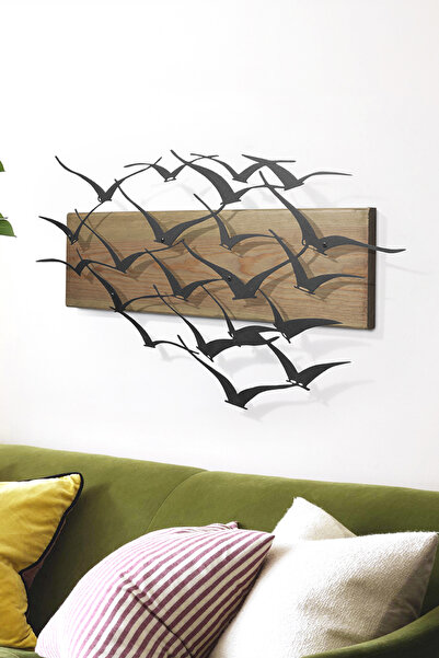 DEKORENZO Yatak Odası Duvar Süsü Kuş Sürüsü Metal 68x31 cm Yeşil Ahşap