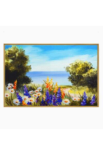 Luxcanva Tablou Canvas Flori Violet 60x40 cm cu Rama Auriu Peisaj Flori Albe ...