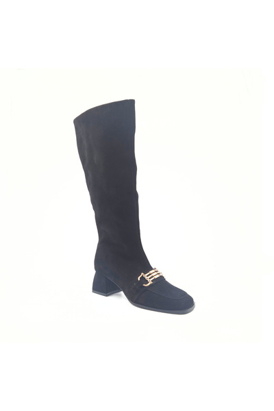 Folle Black Suede Women's Boots with Gold Accessories, 5 cm Heel, Zippered Long Boots