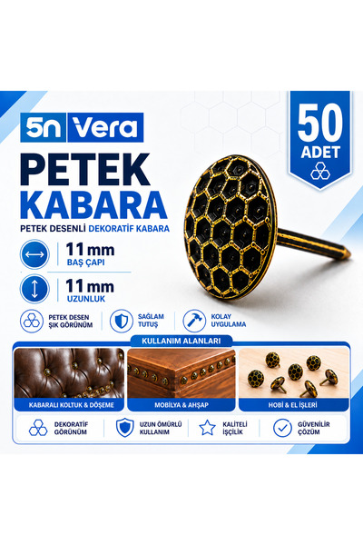 5N VERA 50 Adet Petek Desenli Kabara Çivisi | 11 mm Dekoratif Başlı Koltuk Dö...