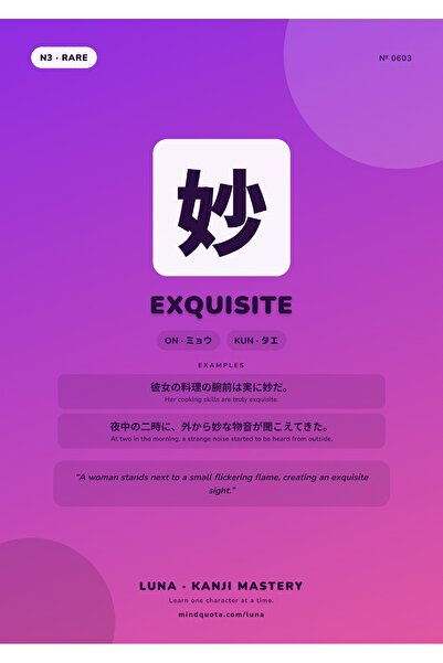 OEM Poster Infografic Kanji 妙 Exquisit, Semnificație Japoneză, Carton 250g, A4